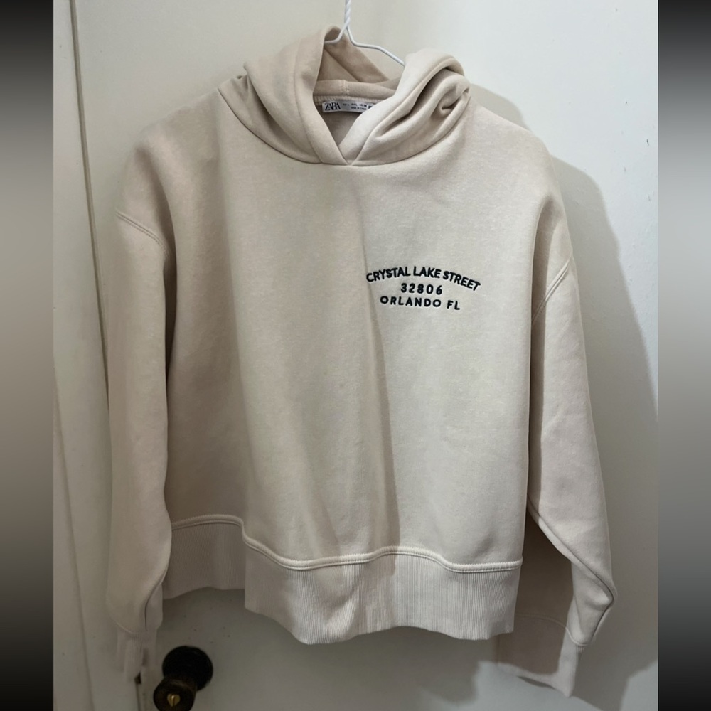 Zara Beige Hoodie with Black Embroidery
